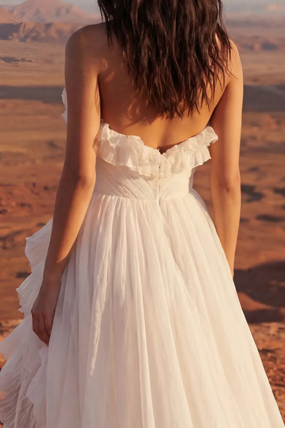 Ivory Bohemian A-Line Strapless Ruffled Ruched Train Wedding Dress