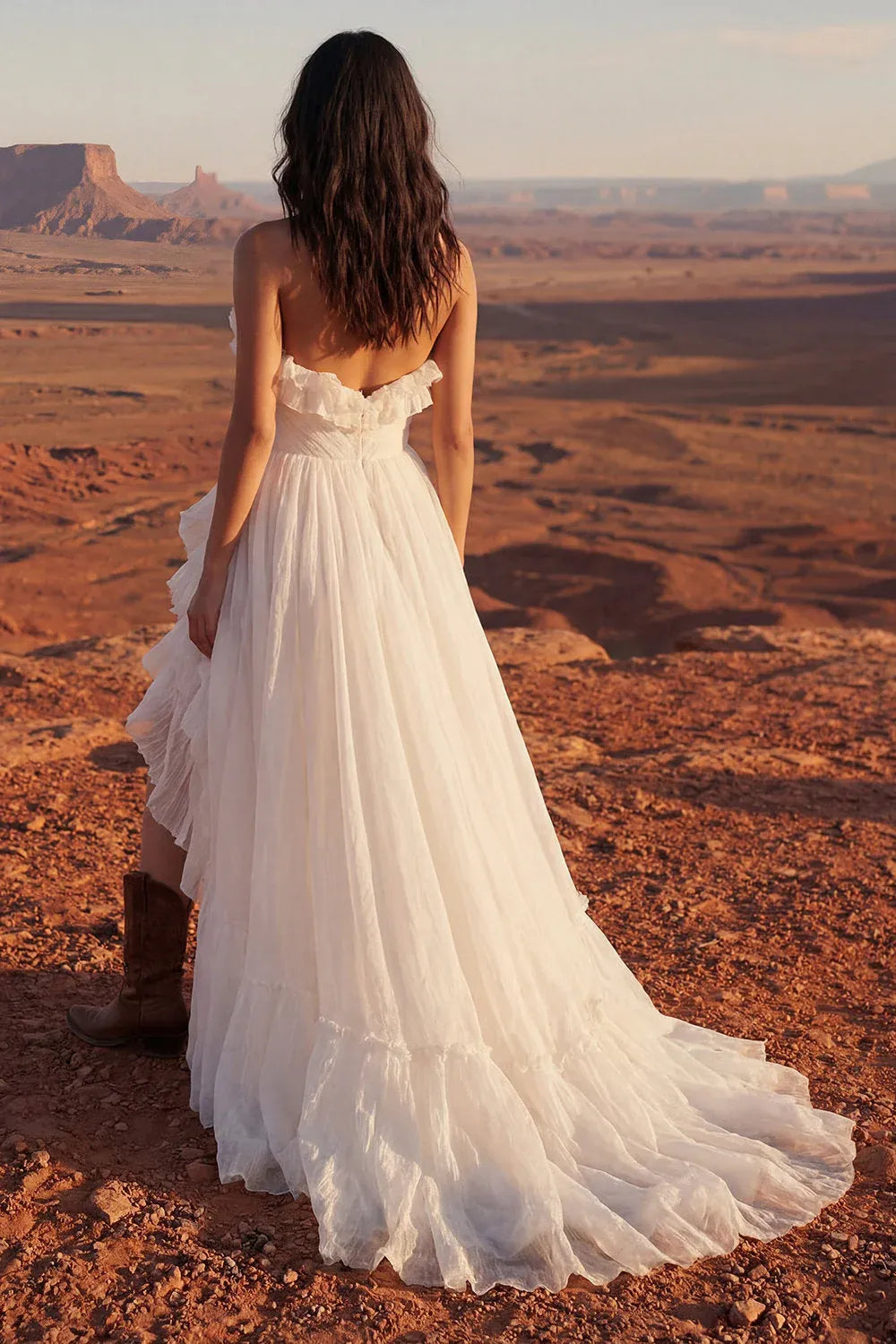 Ivory Bohemian A-Line Strapless Ruffled Ruched Train Wedding Dress
