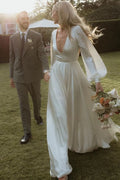 Bohemian A-Line V-Neck Bishop-Sleeve Open-Back Sweep-Train Wedding Dresses