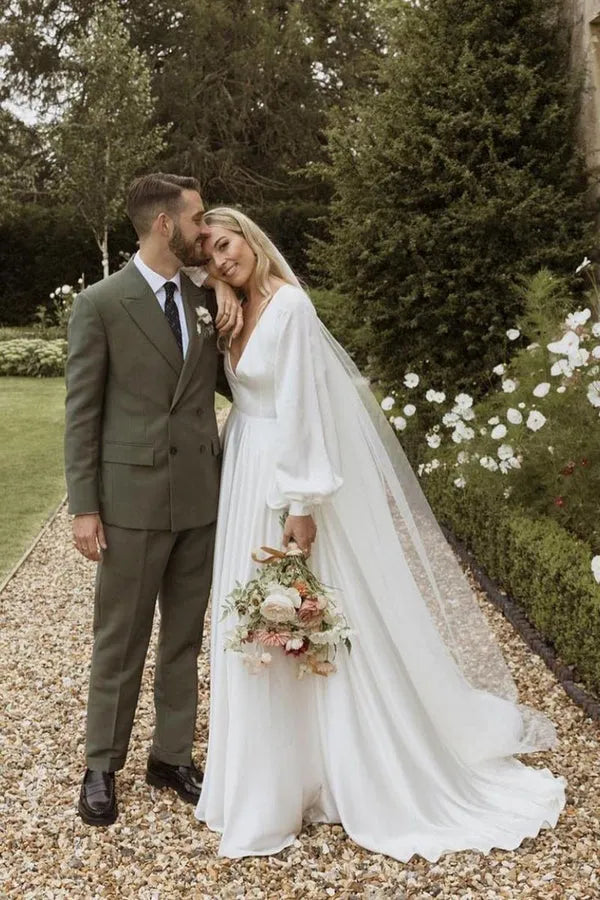 Bohemian A-Line V-Neck Bishop-Sleeve Open-Back Sweep-Train Wedding Dresses