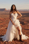 Ivory Bohemian A-Line Strapless Ruffled Ruched Train Wedding Dress