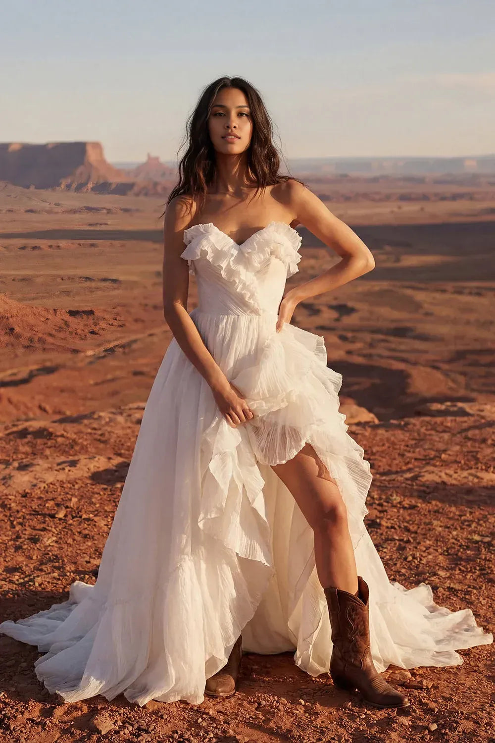 Ivory Bohemian A-Line Strapless Ruffled Ruched Train Wedding Dress