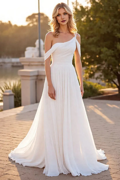 Refined Beautiful Timeless Special Occasion Elegant Ivory Chiffon Asymmetric Sleeveless Wedding Dress