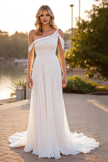 Refined Beautiful Timeless Special Occasion Elegant Ivory Chiffon Asymmetric Sleeveless Wedding Dress