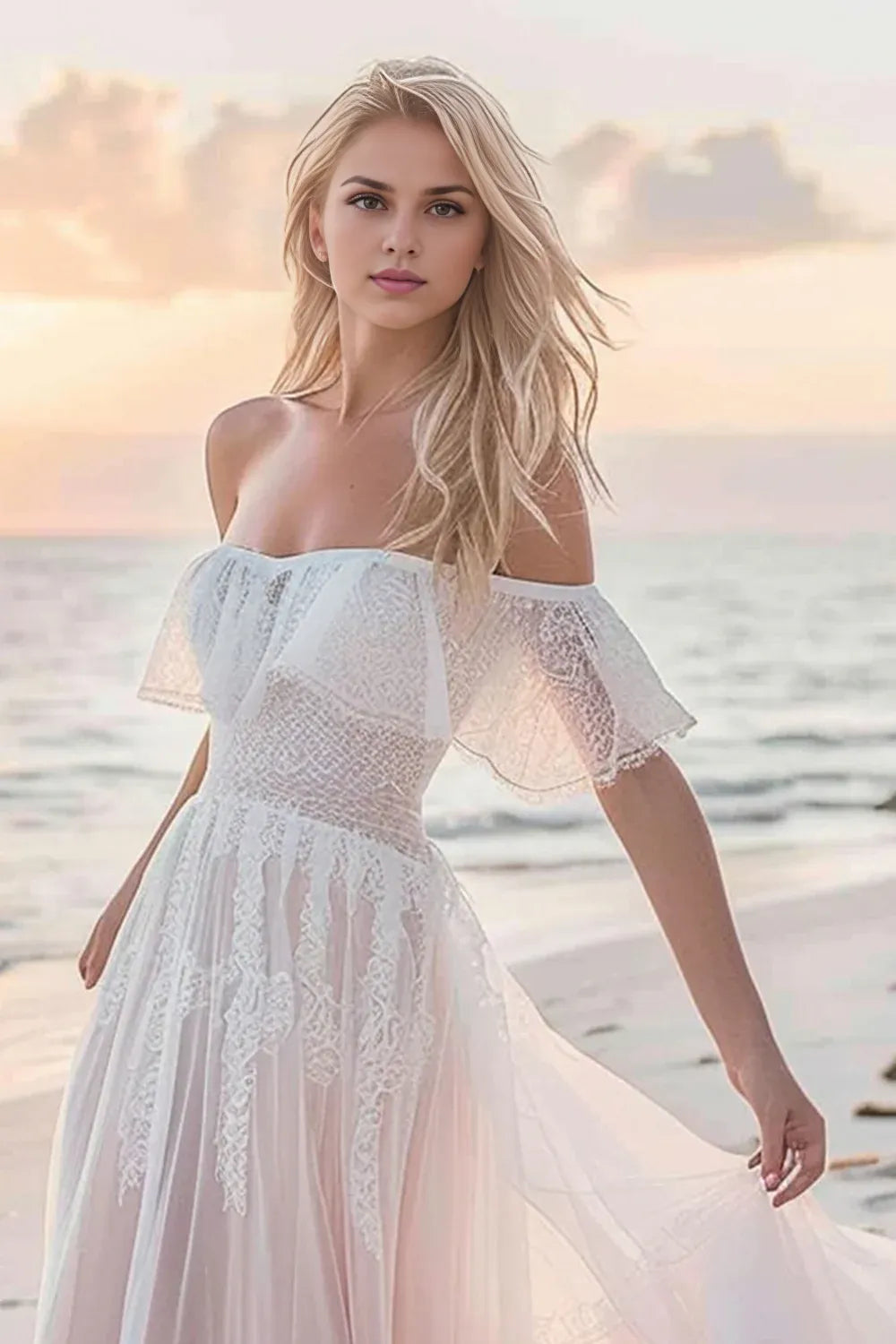 Graceful Stylish Refined Beautiful Timeless Chic Elegant Ivory Lace Sleeveless Wedding Dress