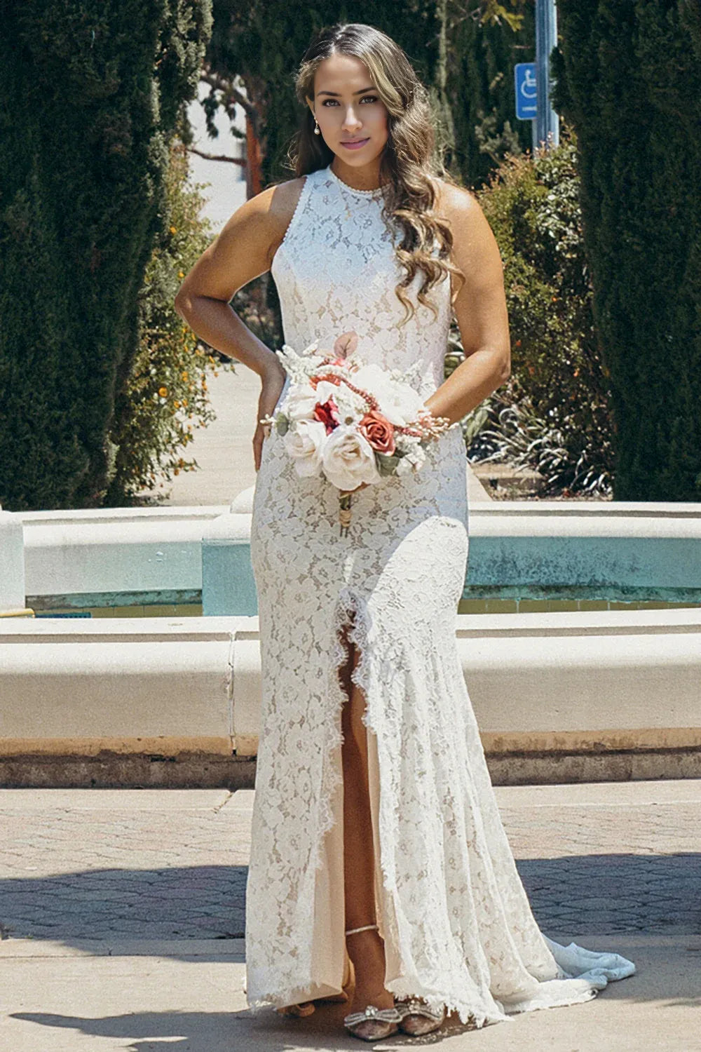 Beautiful Timeless Special Occasion Sophisticated Elegant Ivory Lace Mermaid Sleeveless Wedding Dress
