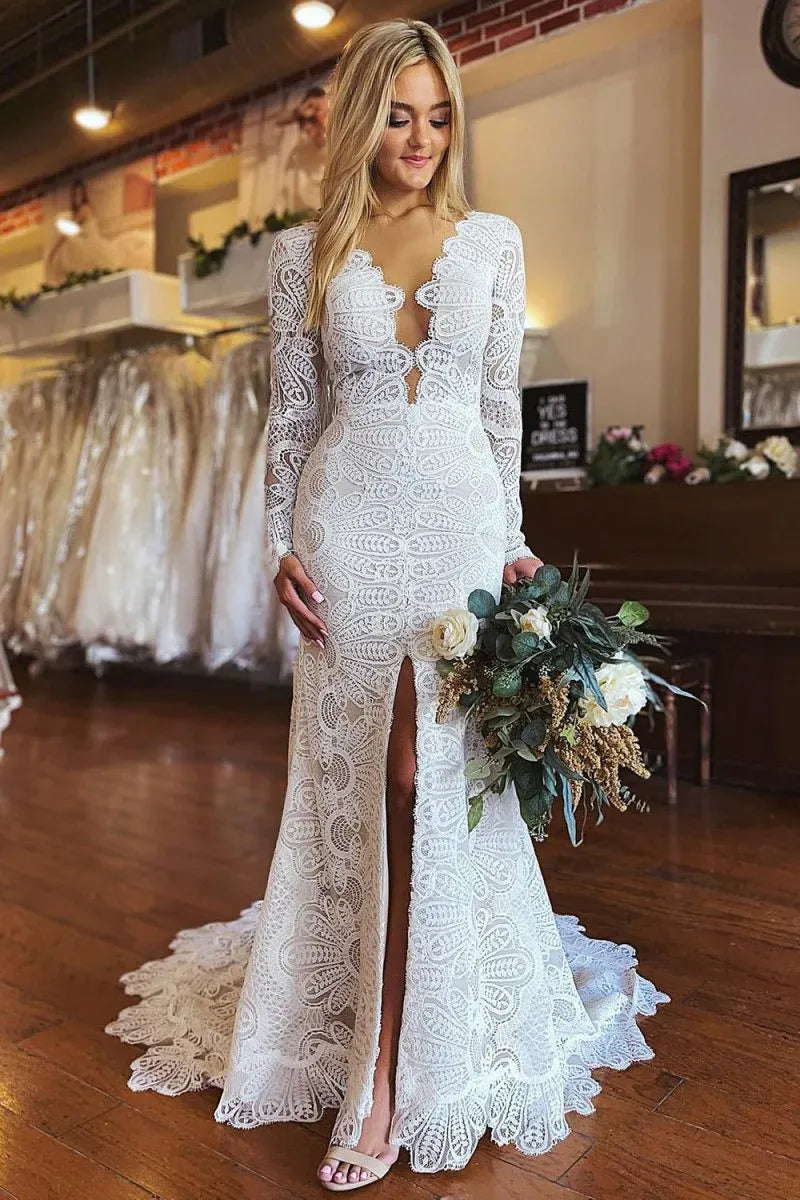 Timeless Special Occasion Elegant White Lace Mermaid Long Sleeve Long Wedding Dress