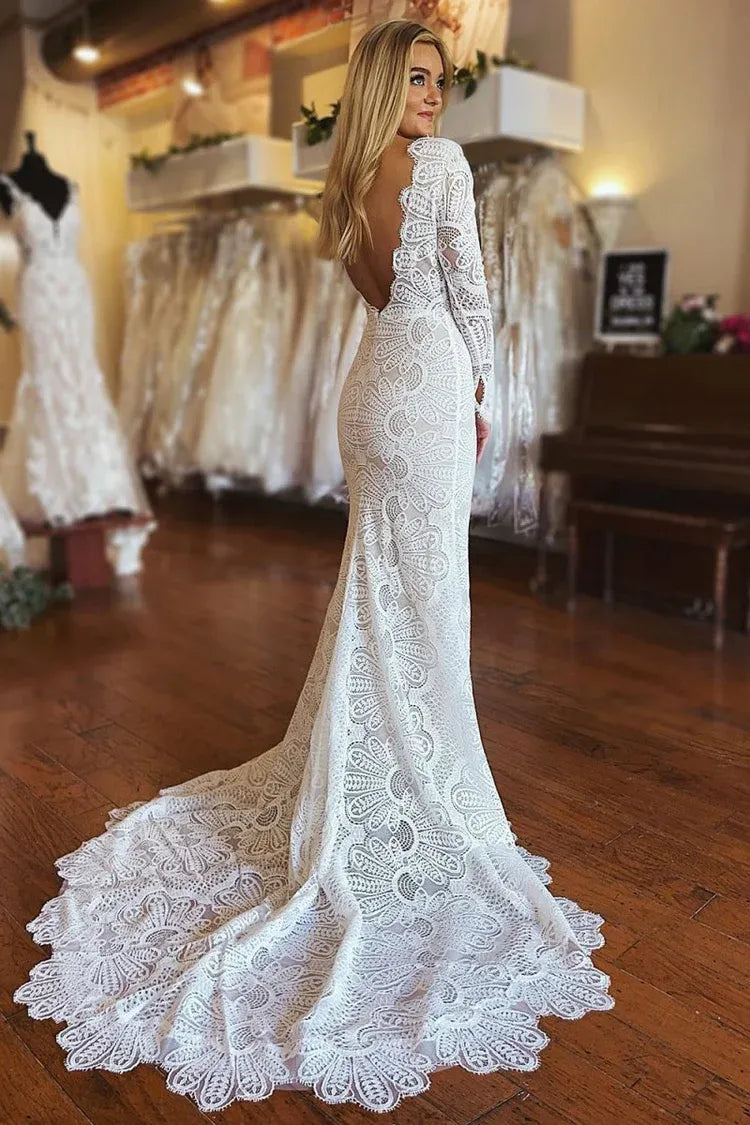 Timeless Special Occasion Elegant White Lace Mermaid Long Sleeve Long Wedding Dress