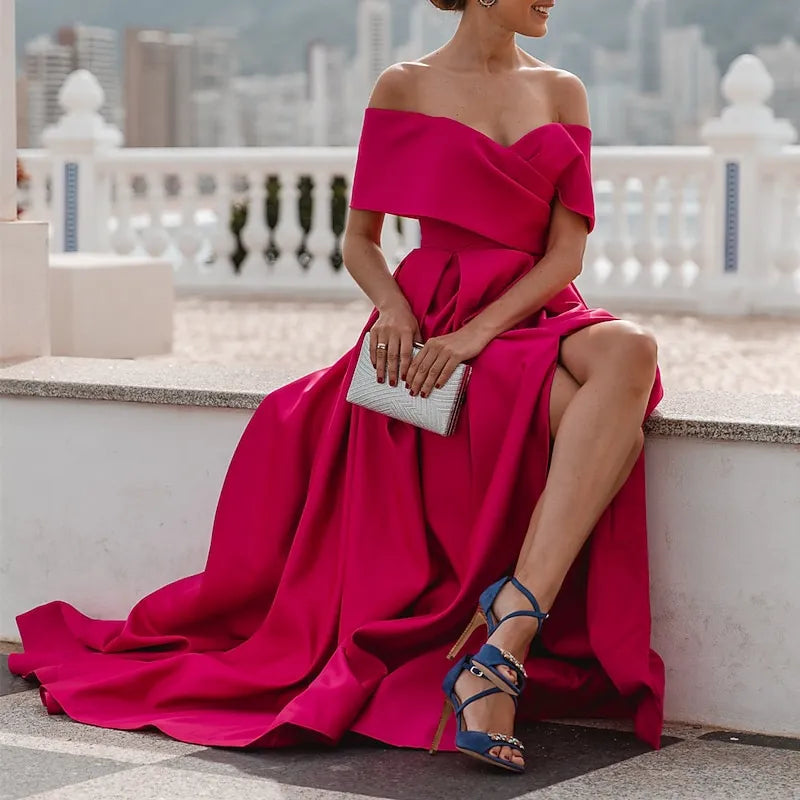 Pink Bold A-line Off-the-shoulder Sleeveless Draped Hot Maxi Prom Dress