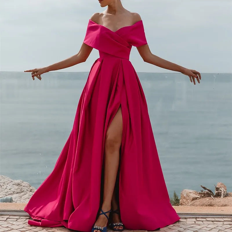 Pink Bold A-line Off-the-shoulder Sleeveless Draped Hot Maxi Prom Dress