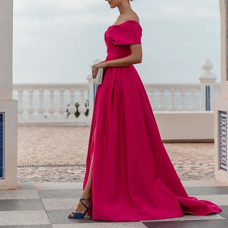 Pink Bold A-line Off-the-shoulder Sleeveless Draped Hot Maxi Prom Dress