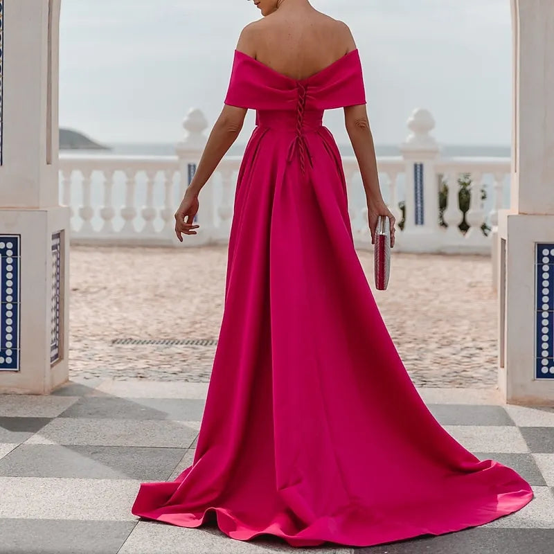 Pink Bold A-line Off-the-shoulder Sleeveless Draped Hot Maxi Prom Dress