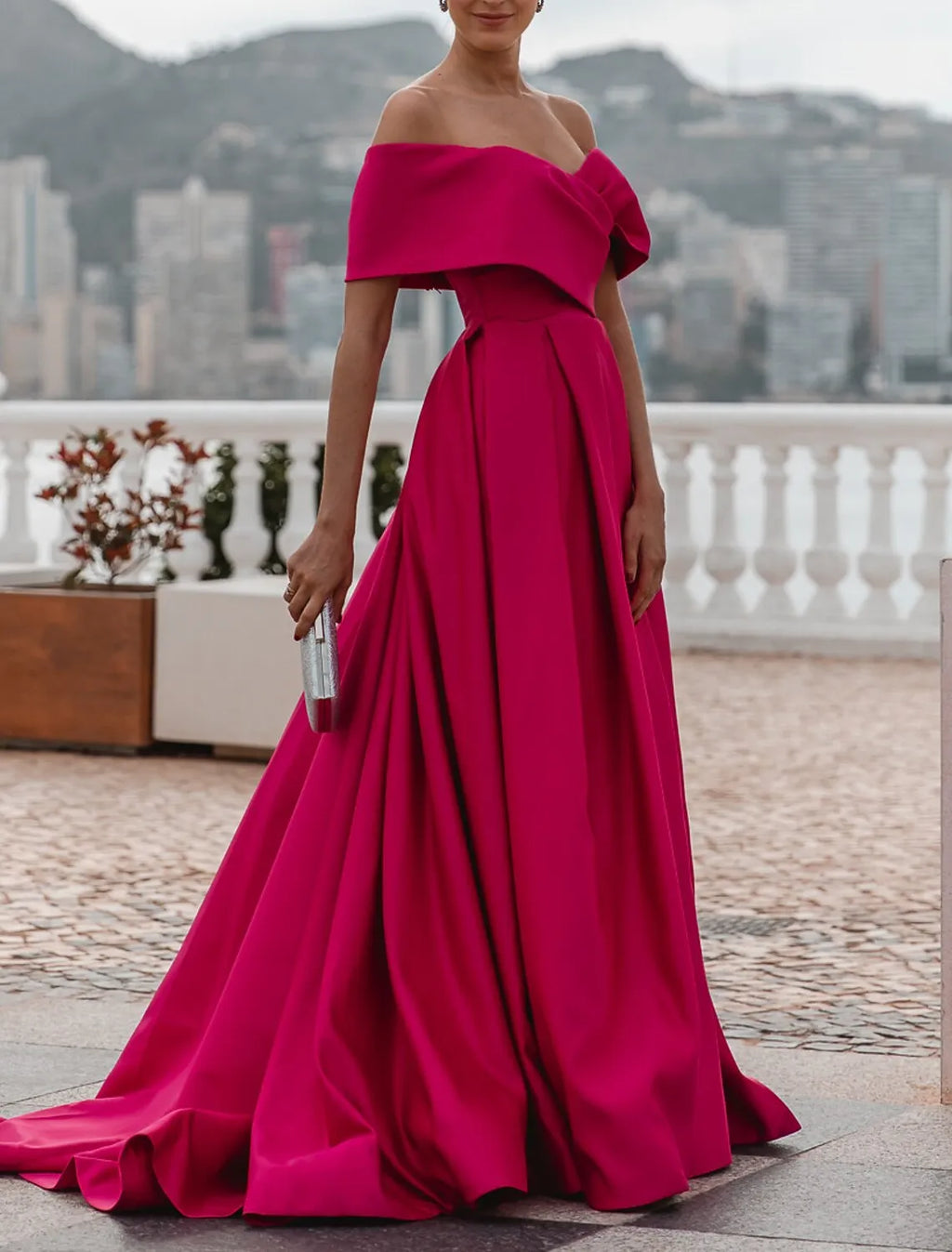 Pink Bold A-line Off-the-shoulder Sleeveless Draped Hot Maxi Prom Dress