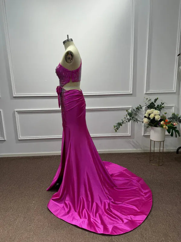 Pink Bold Mermaid One-Shoulder Sleeveless Beaded Hot Maxi Evening Dress for Women Custom