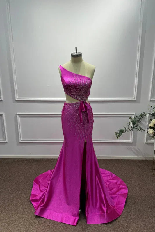 Pink Bold Mermaid One-Shoulder Sleeveless Beaded Hot Maxi Evening Dress for Women Custom