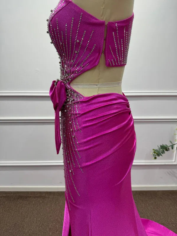 Pink Bold Mermaid One-Shoulder Sleeveless Beaded Hot Maxi Evening Dress for Women Custom