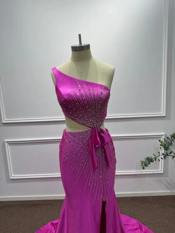 Pink Bold Mermaid One-Shoulder Sleeveless Beaded Hot Maxi Evening Dress for Women Custom