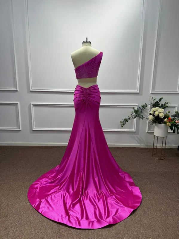 Pink Bold Mermaid One-Shoulder Sleeveless Beaded Hot Maxi Evening Dress for Women Custom