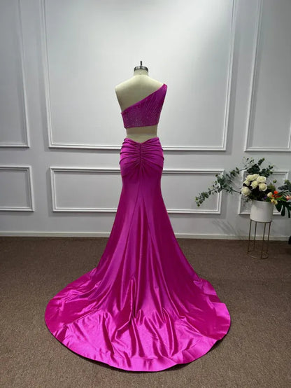 Elegant Pink Beaded Mermaid One-Shoulder Sleeveless Classic-Back Floor-Length Evening Dress