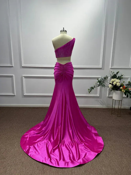 Elegant Pink Beaded Mermaid One-Shoulder Sleeveless Classic-Back Floor-Length Evening Dress