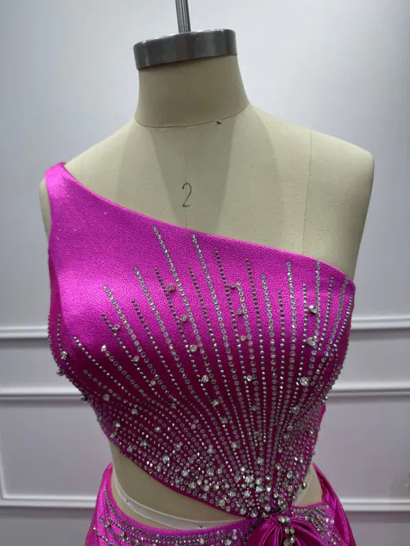 Pink Bold Mermaid One-Shoulder Sleeveless Beaded Hot Maxi Evening Dress for Women Custom