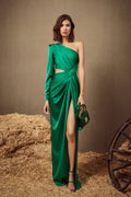 Bold Sheath One-shoulder Single-sleeve Cutout Emerald Floor-length Prom Dress