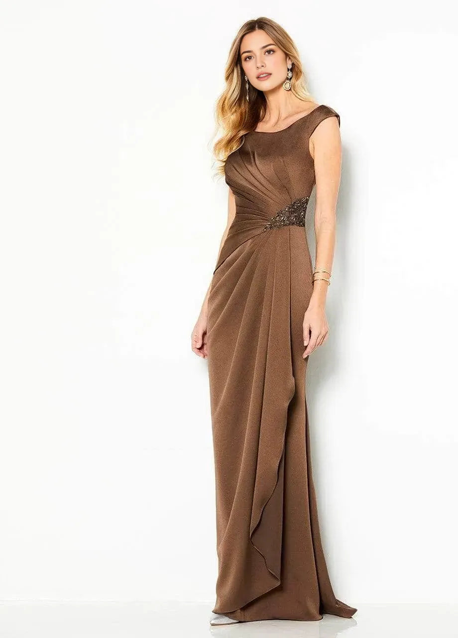 Brown Evening Dress with Asymmetric Neckline Draped Bodice and Waist Accent for Elegant Occasions
