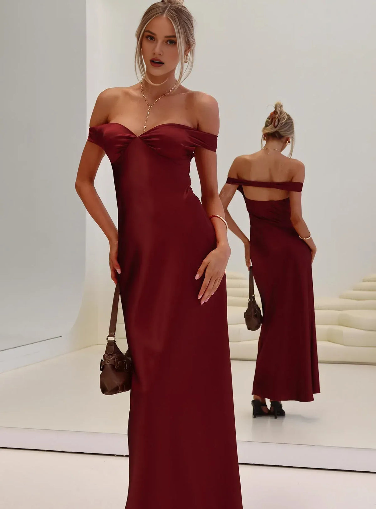 Timeless Special Occasion Sophisticated Graceful Stylish Elegant Burgundy Satin Long Prom Dress