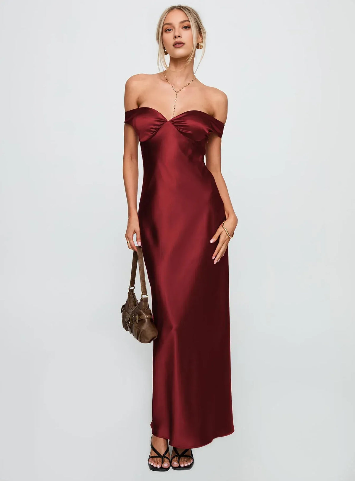 Timeless Special Occasion Sophisticated Graceful Stylish Elegant Burgundy Satin Long Prom Dress