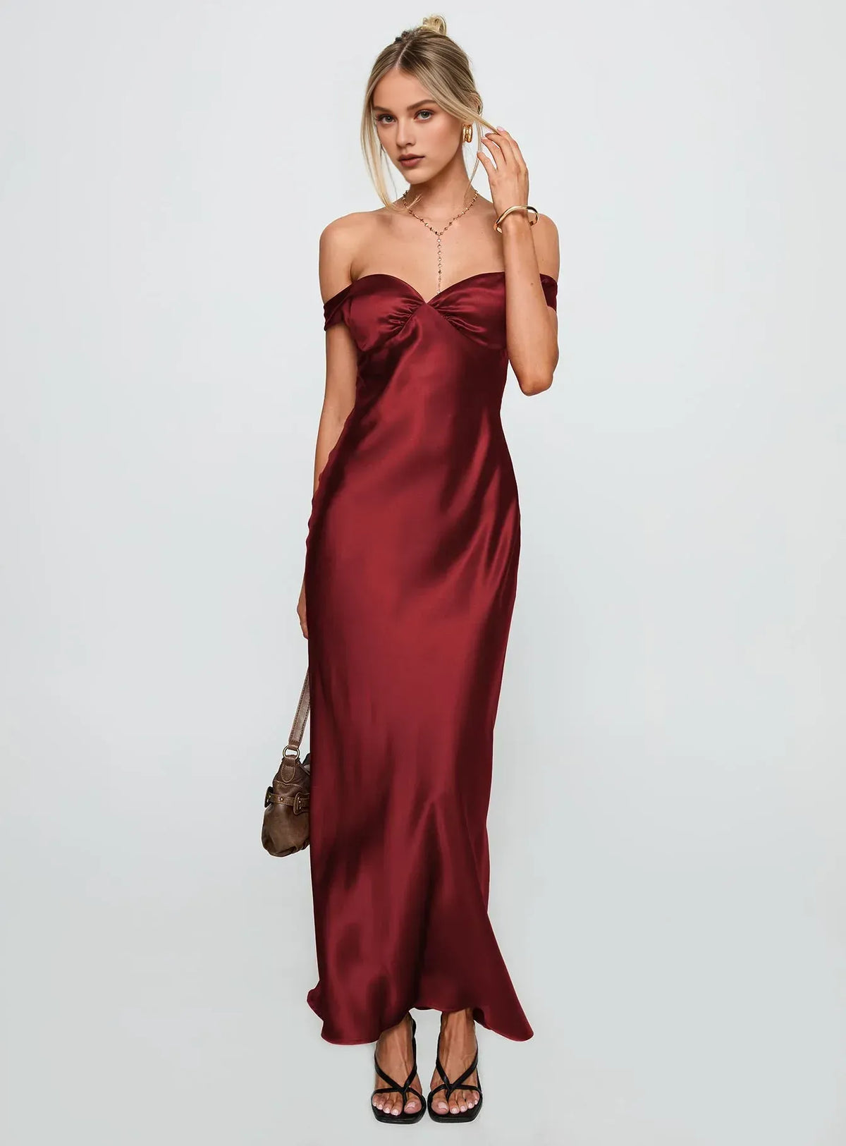 Timeless Special Occasion Sophisticated Graceful Stylish Elegant Burgundy Satin Long Prom Dress