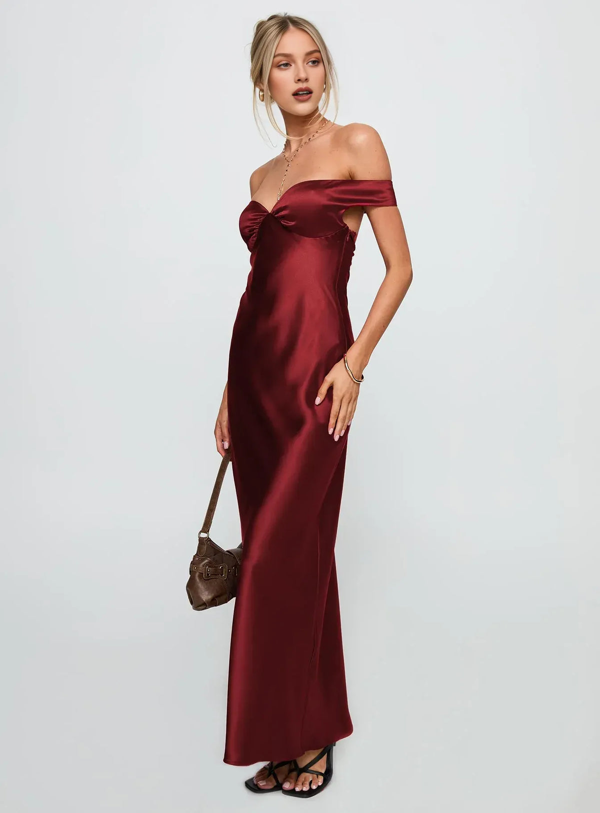 Timeless Special Occasion Sophisticated Graceful Stylish Elegant Burgundy Satin Long Prom Dress