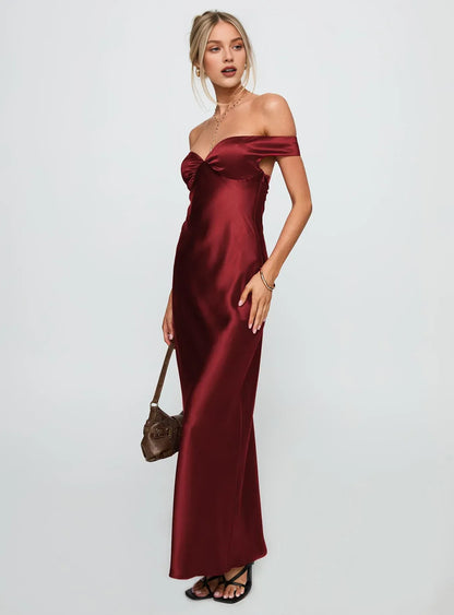 Timeless Special Occasion Sophisticated Graceful Stylish Elegant Burgundy Satin Long Prom Dress