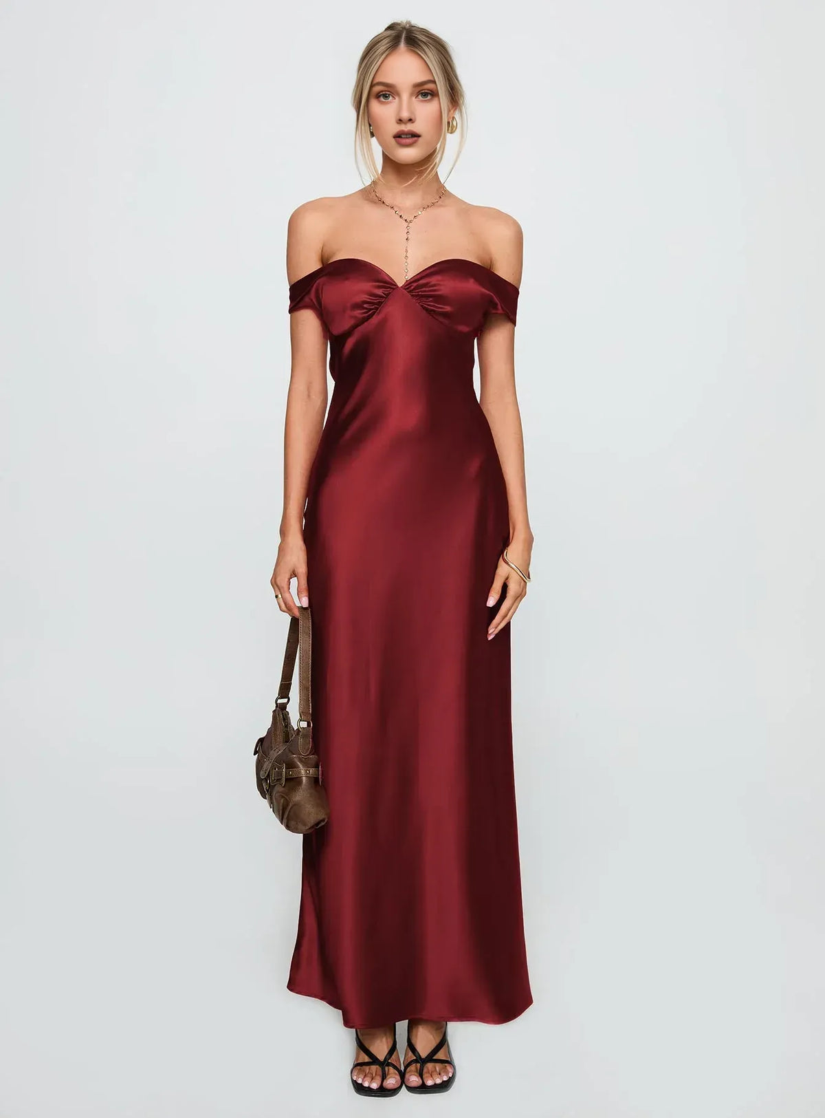 Timeless Special Occasion Sophisticated Graceful Stylish Elegant Burgundy Satin Long Prom Dress