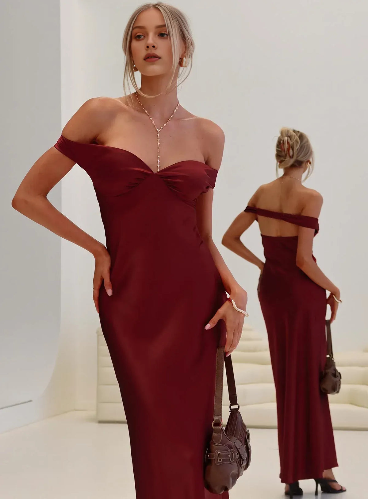 Timeless Special Occasion Sophisticated Graceful Stylish Elegant Burgundy Satin Long Prom Dress