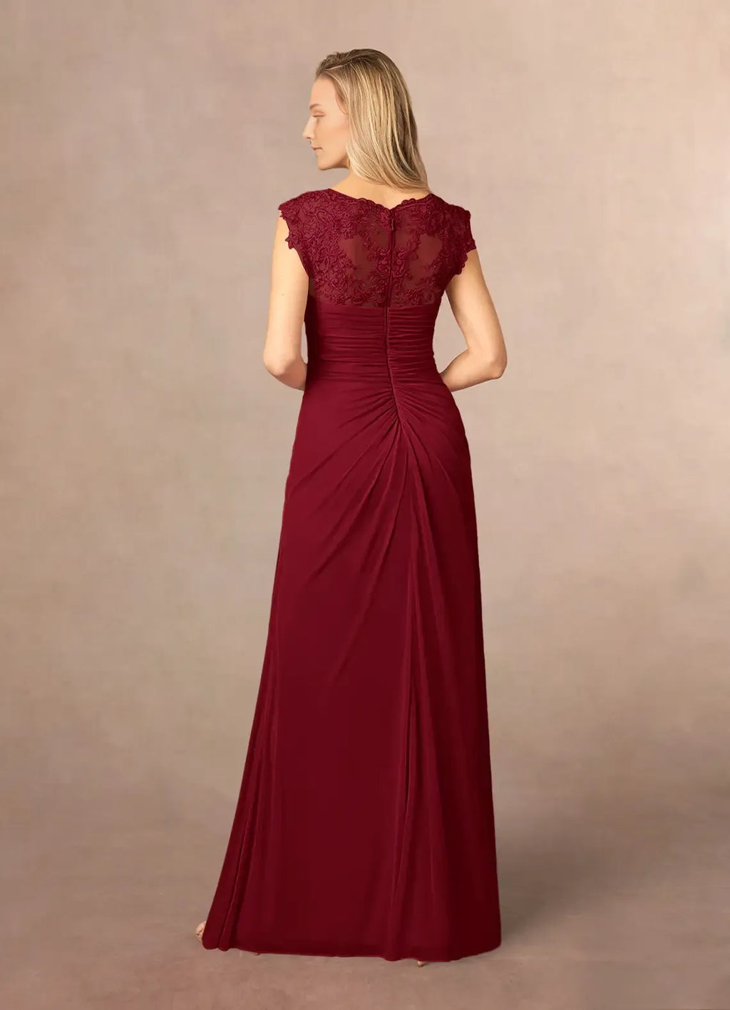 Burgundy A-Line Mother of the Bride Dress with V - Neck Cap Sleeves Ruched Overlay