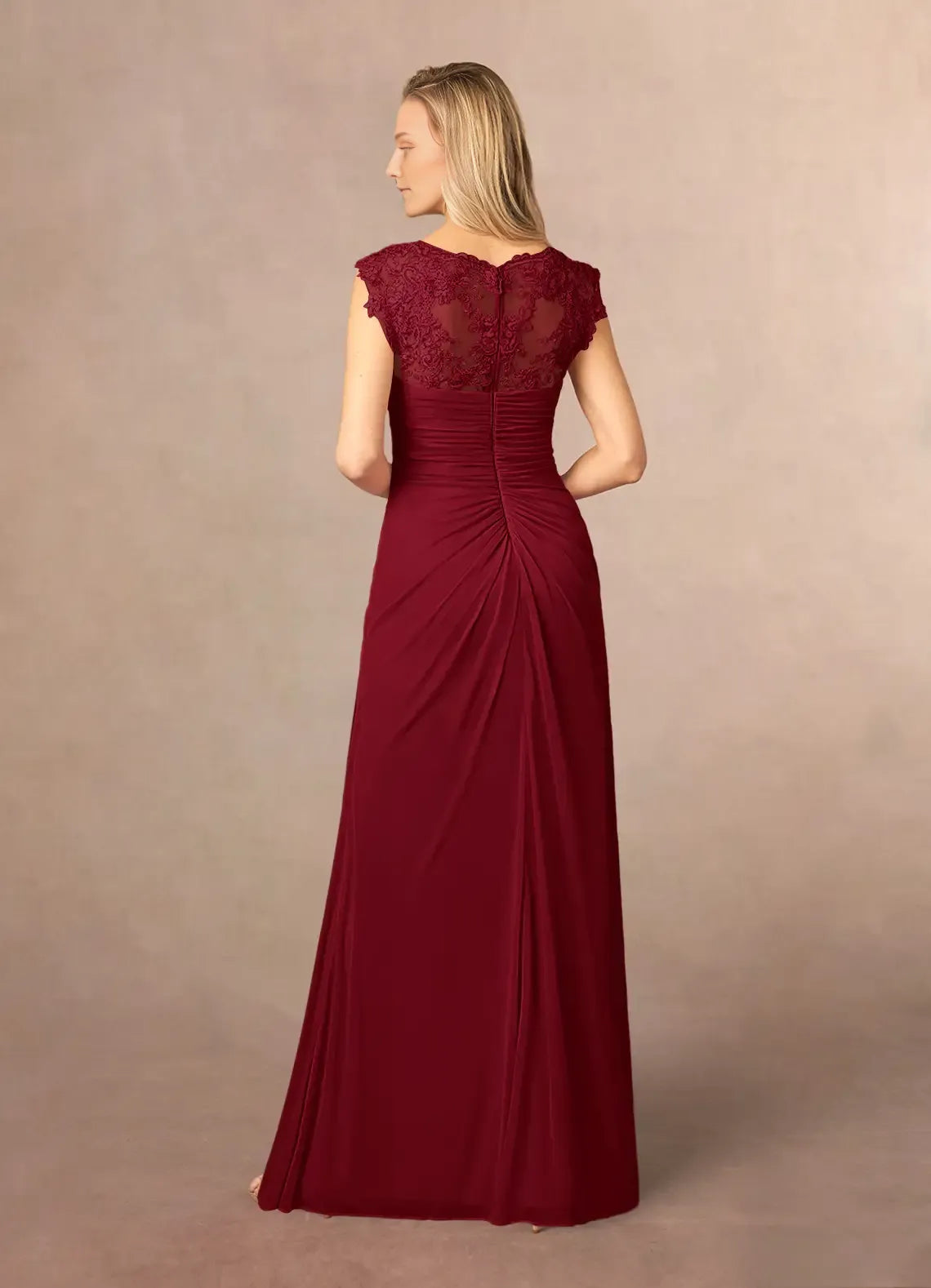 Burgundy A-Line Mother of the Bride Dress with V - Neck Cap Sleeves Ruched Overlay