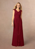 Burgundy A-Line Mother of the Bride Dress with V - Neck Cap Sleeves Ruched Overlay