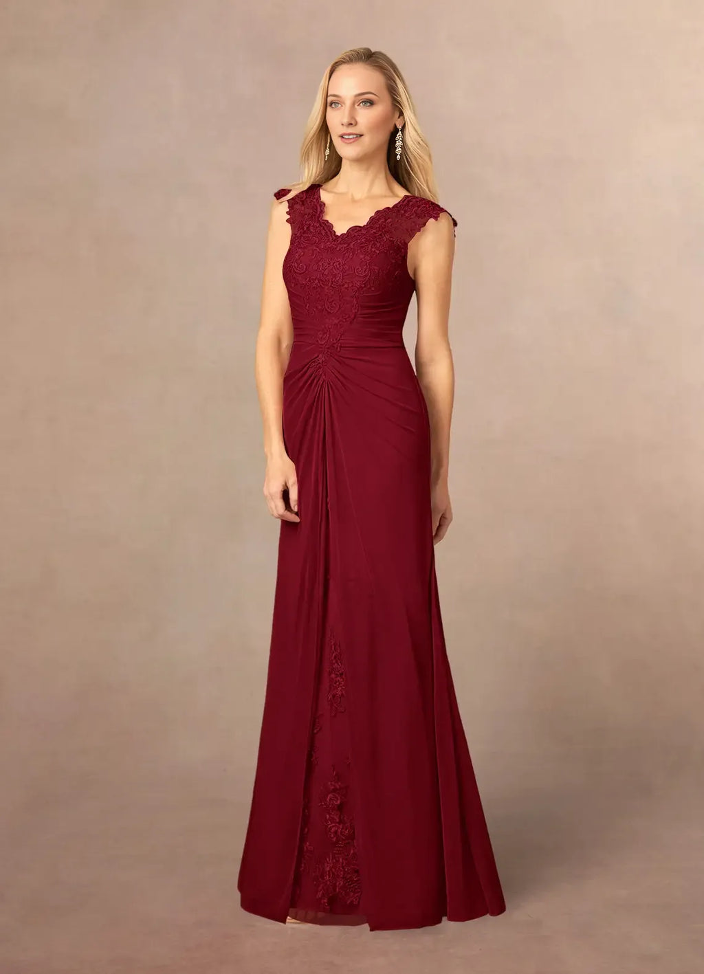 Burgundy A-Line Mother of the Bride Dress with V - Neck Cap Sleeves Ruched Overlay