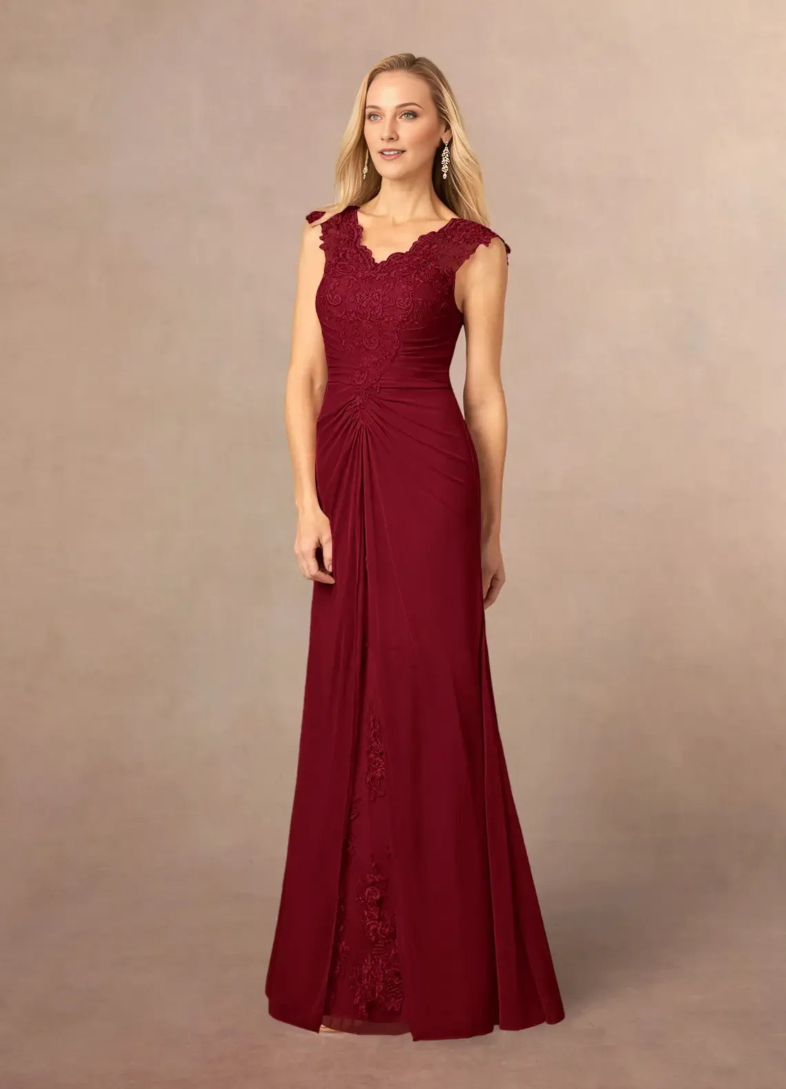 Burgundy A-Line Mother of the Bride Dress with V - Neck Cap Sleeves Ruched Overlay