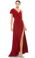 Burgundy Asymmetric Ruffle Evening Dress with Wrap V Neckline Ruched Bodice and High Thigh Slit for Glamorous Occasions