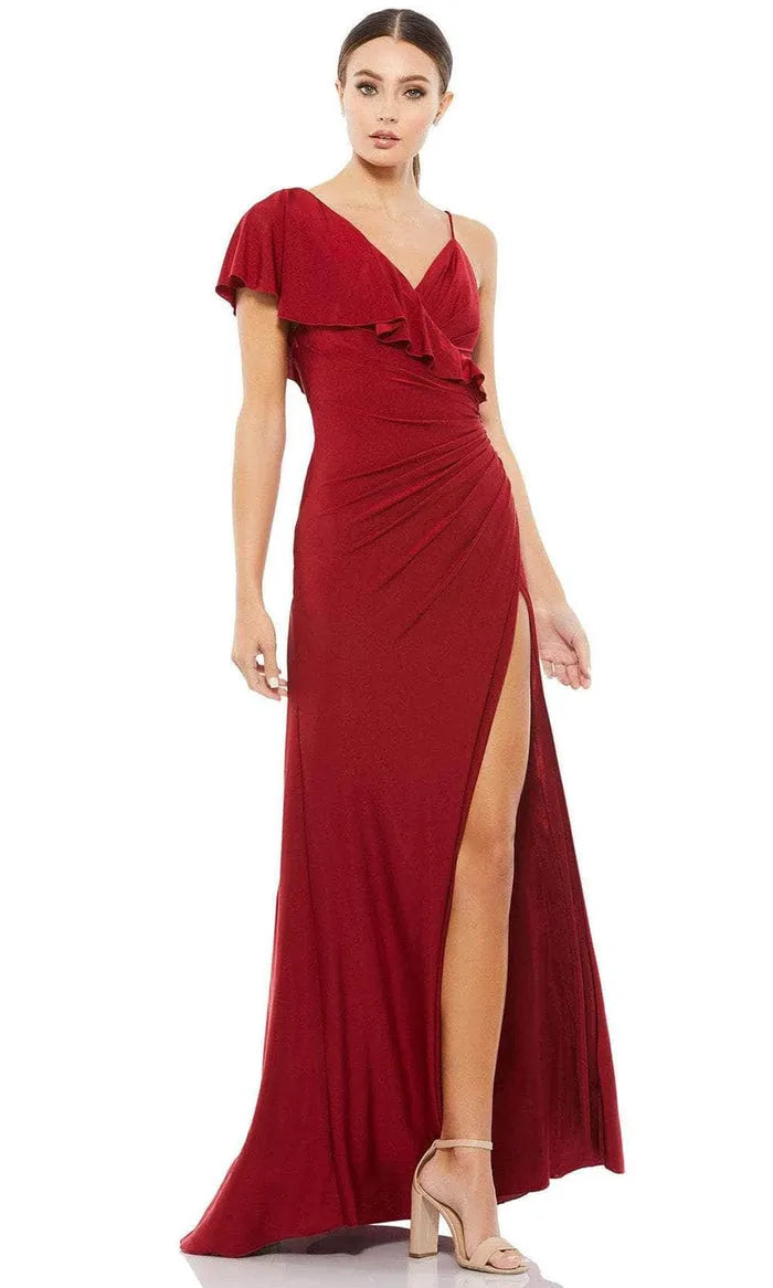 Burgundy Asymmetric Ruffle Evening Dress with Wrap V Neckline Ruched Bodice and High Thigh Slit for Glamorous Occasions