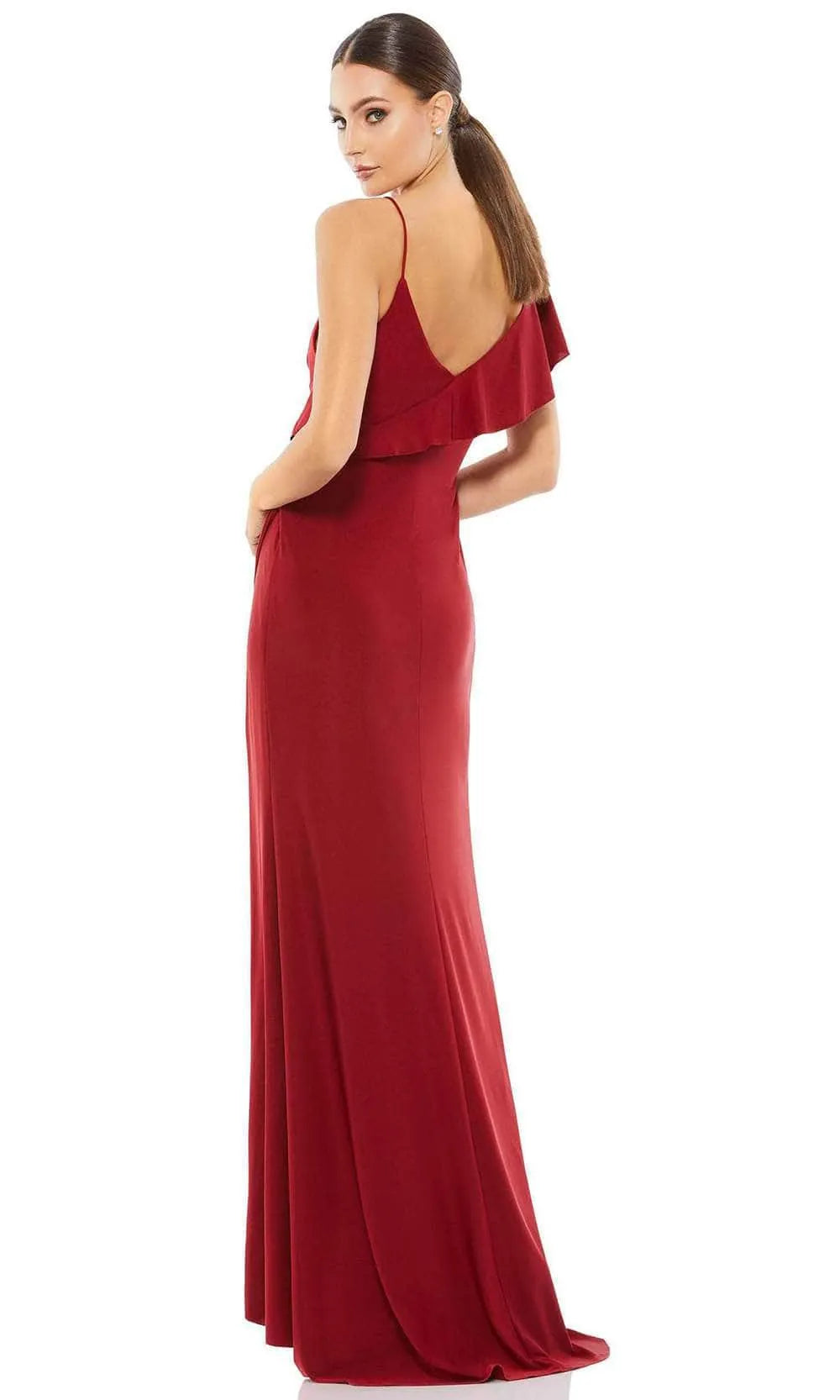 Burgundy Asymmetric Ruffle Evening Dress with Wrap V Neckline Ruched Bodice and High Thigh Slit for Glamorous Occasions