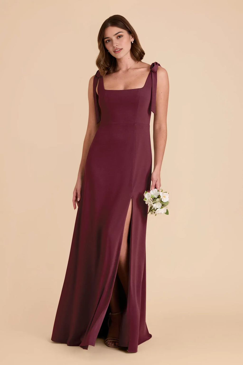 Burgundy Bow Strap Prom Dress Square Neck High Side Slit for Contemporary City Chic Prom Nights