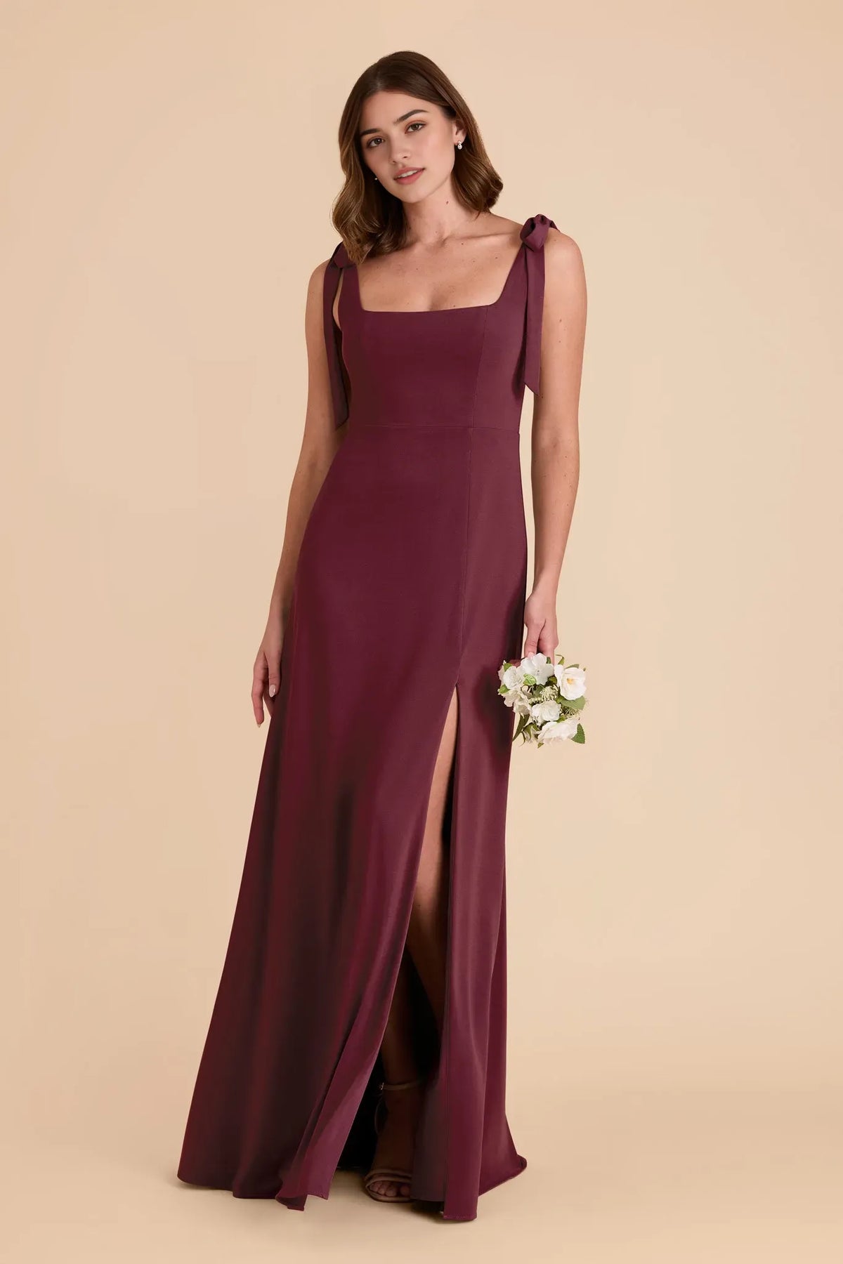 Burgundy Bow Strap Prom Dress Square Neck High Side Slit for Contemporary City Chic Prom Nights