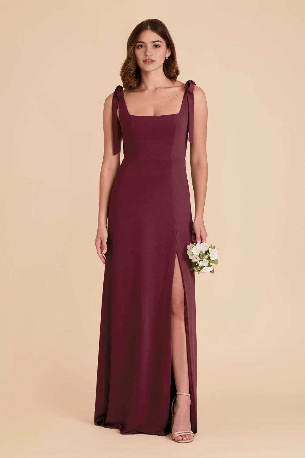 Burgundy Bow Strap Prom Dress Square Neck High Side Slit for Contemporary City Chic Prom Nights