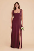 Burgundy Bow Strap Prom Dress Square Neck High Side Slit for Contemporary City Chic Prom Nights