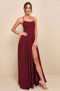 Burgundy Prom Dress with Square Neckline Spaghetti Straps High Side Slit Elegant Maxi Gown for Formal Balls Galas and Special Occasions