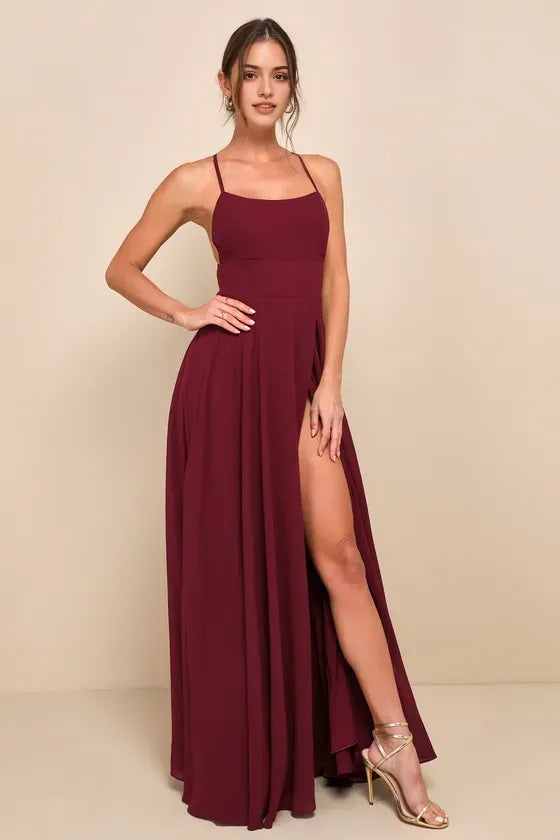 Burgundy Prom Dress with Square Neckline Spaghetti Straps High Side Slit Elegant Maxi Gown for Formal Balls Galas and Special Occasions