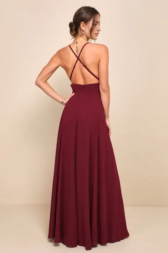 Burgundy Prom Dress with Square Neckline Spaghetti Straps High Side Slit Elegant Maxi Gown for Formal Balls Galas and Special Occasions