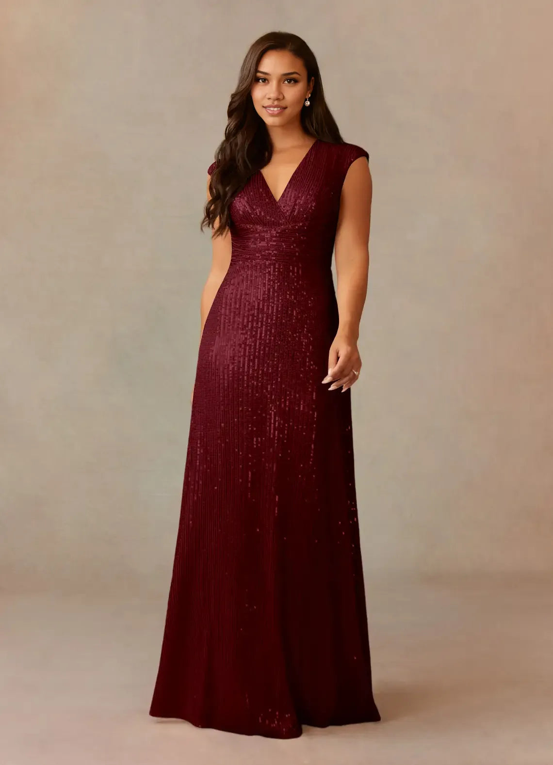 Refined Elegant Champagne Sequins A-Line V-Neck Ruffle Mother of the Bride Dress